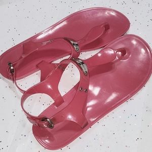 Michael Kors Plate Jelly T-strap Thong PVC fuschia hot pink Sandals Size 10 New